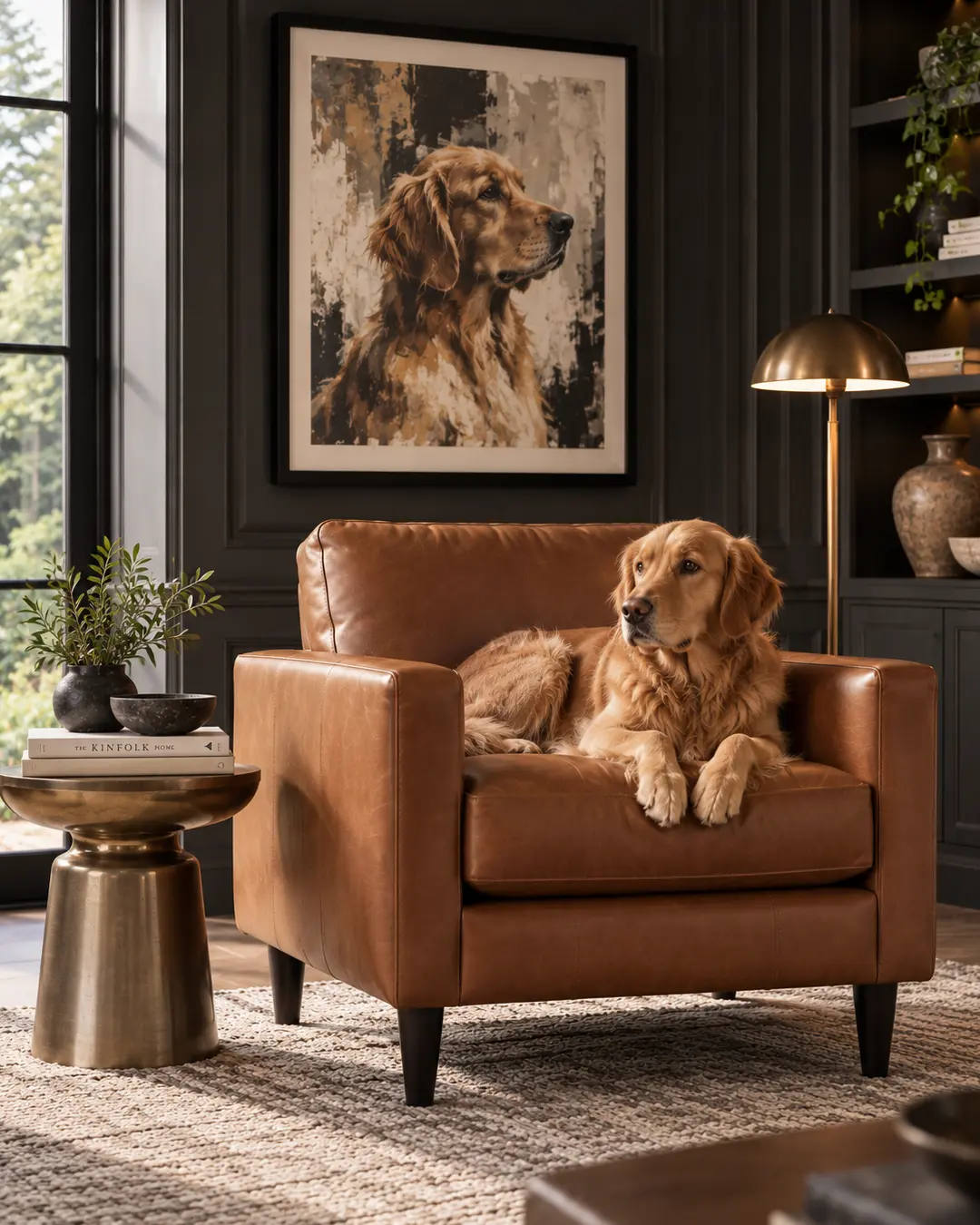 A Golden Retriever stretches out in a cognac leather accent chair, surrounded by dark millwork, warm brass and a bold canine portrait.