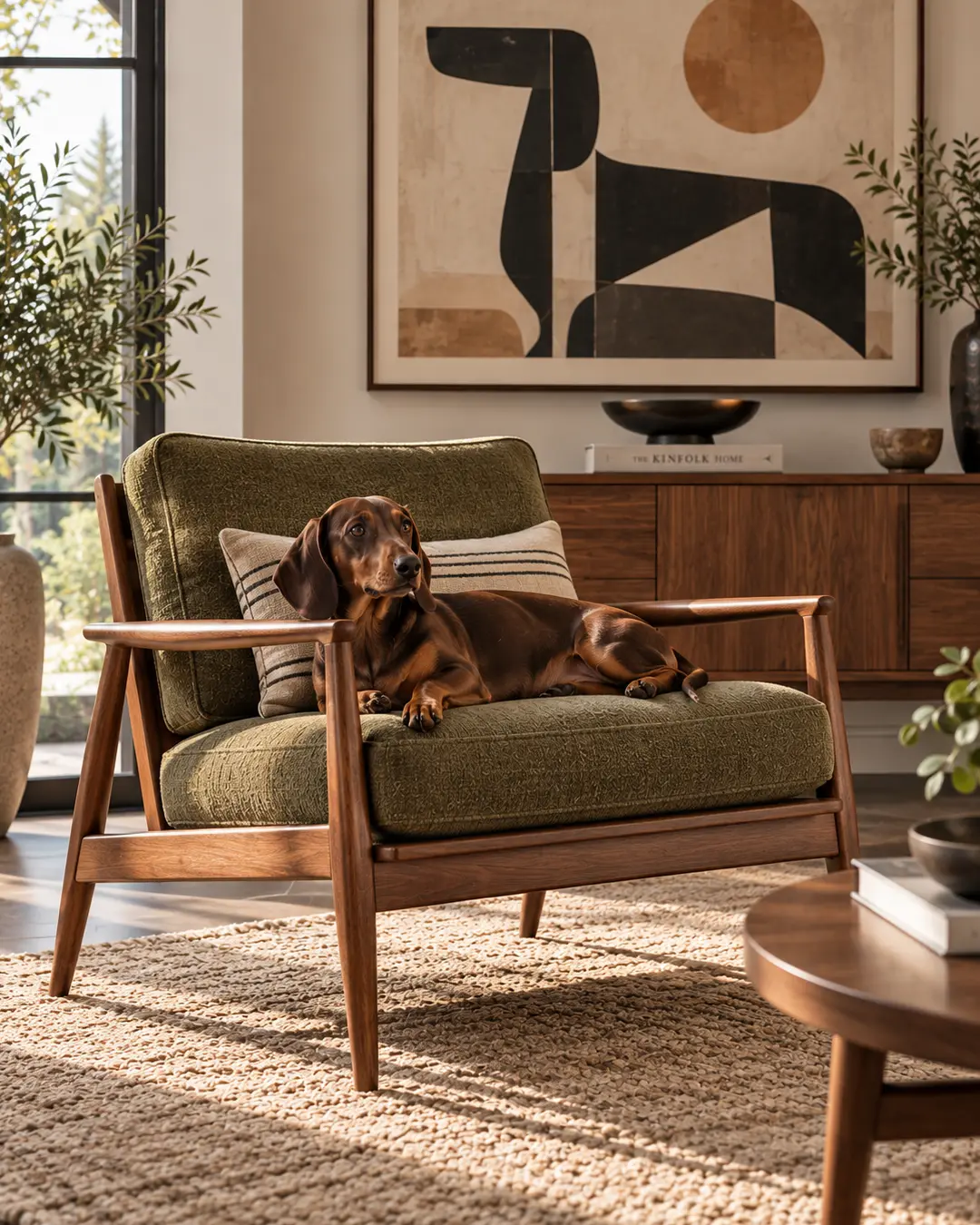A Dachshund stretches across an olive mid-century chair, surrounded by warm walnut furniture and bold geometric dog-inspired art.