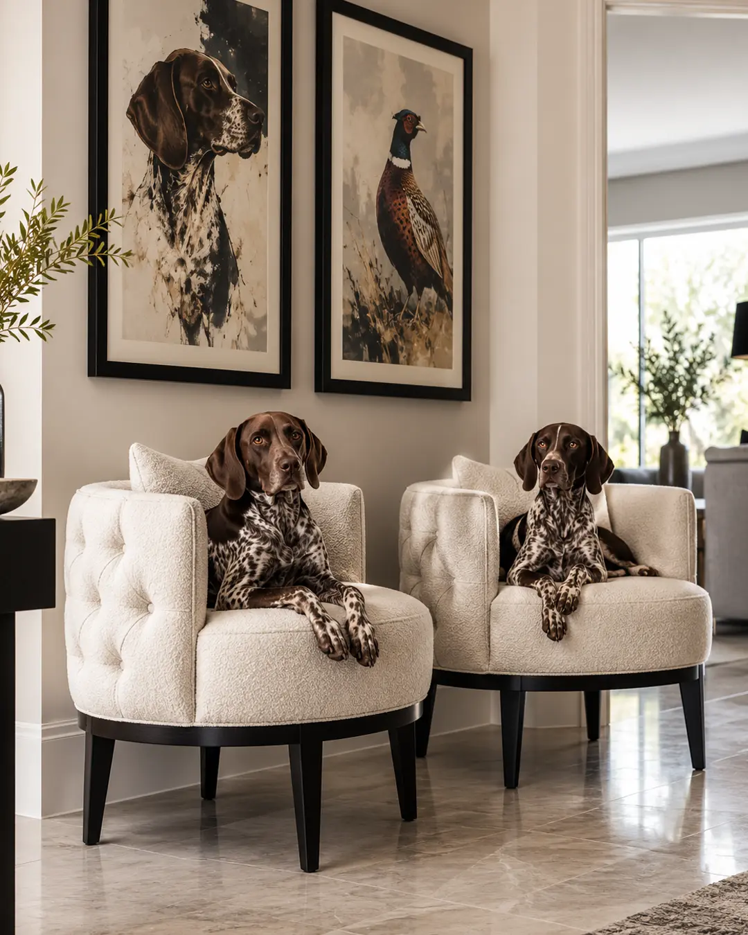 Two German Shorthaired Pointers lounge in matching cream accent chairs beneath portraits of a dog and pheasant in an elegant hallway.
