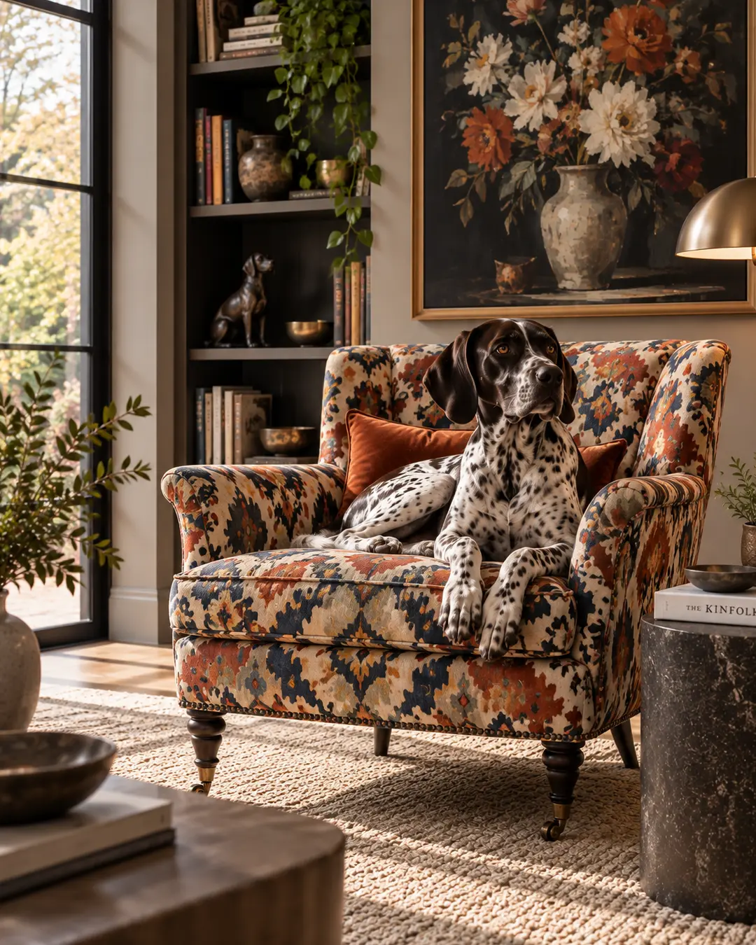 A German Shorthaired Pointer claims a richly patterned accent chair in a warm, eclectic room filled with florals, books and autumn light.