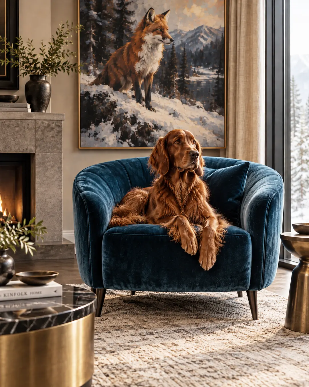 An Irish Setter lounges in a deep sapphire velvet chair beneath dramatic fox art, framed by mountain views and warm contemporary finishes.