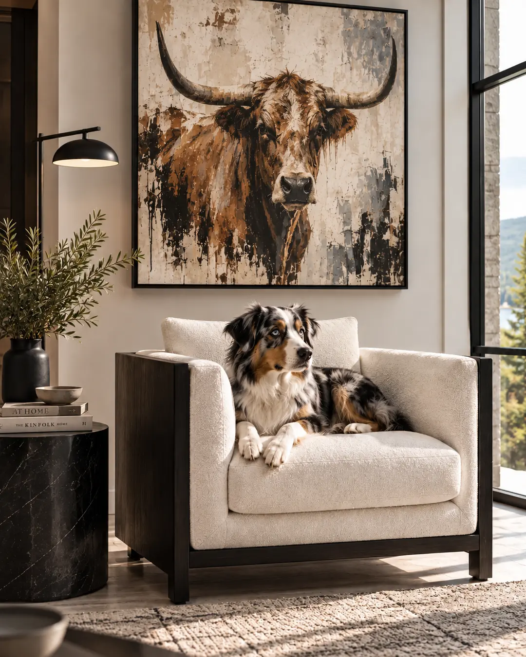 An Australian Shepherd lounges in a cream wood-framed accent chair beneath dramatic Highland cow art in a warm contemporary interior.