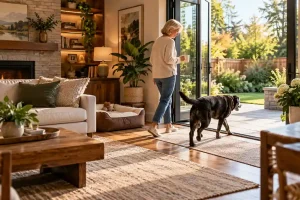 A woman and her senior dog enjoy a warm, accessible living room with wide patio doors opening onto a sunny, fenced garden. Is this conversation helpful so far?