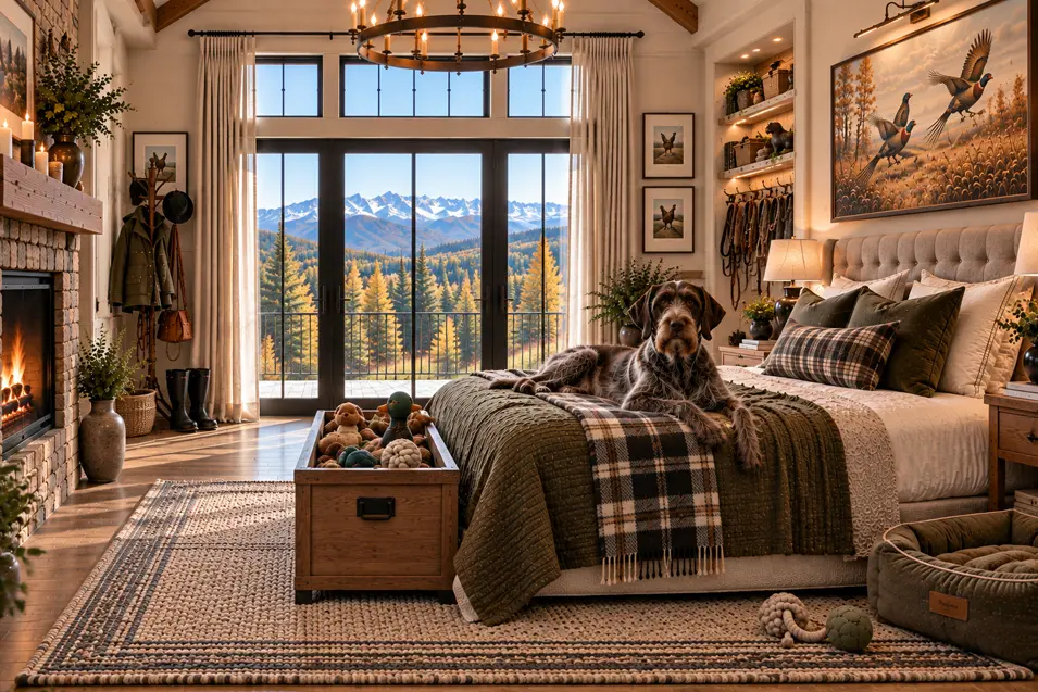 A luxurious mountain dog bedroom with a Wirehaired Pointer, panoramic alpine views, pheasant artwork, custom gear storage and rustic elegance.