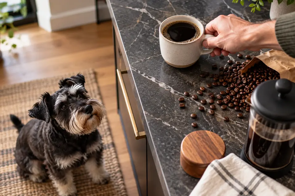 A Miniature Schnauzer watches curiously as fresh black coffee is prepared on a kitchen counter.