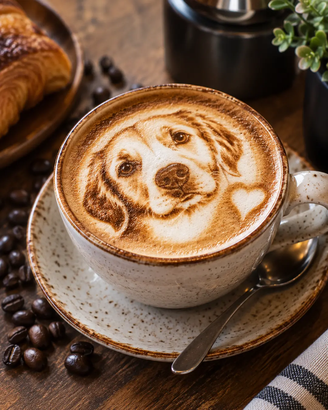 A beautifully detailed dog portrait transforms an ordinary latte into a tiny piece of café art.