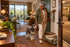 An older woman and her Schnauzer settle into a welcoming pet-friendly senior living apartment with easy access to shared hallways.