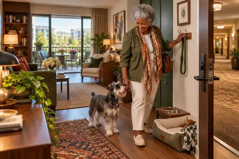 An older woman and her Schnauzer settle into a welcoming pet-friendly senior living apartment with easy access to shared hallways.