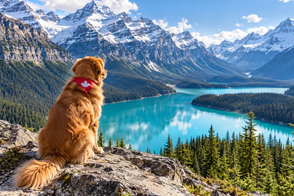 A dog wearing a Canadian maple leaf bandana overlooks a brilliant turquoise lake surrounded by the snow-capped Rocky Mountains.