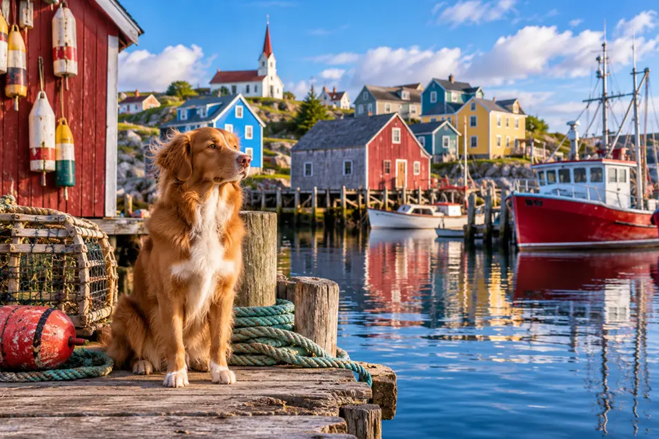 A dog sits on a weathered dock overlooking a colourful Atlantic fishing village, with boats, lobster traps and bright seaside homes.