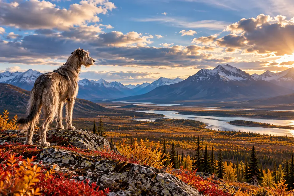 A shaggy dog stands on a rocky ridge overlooking a vast Canadian mountain valley glowing with brilliant autumn colours at sunset.