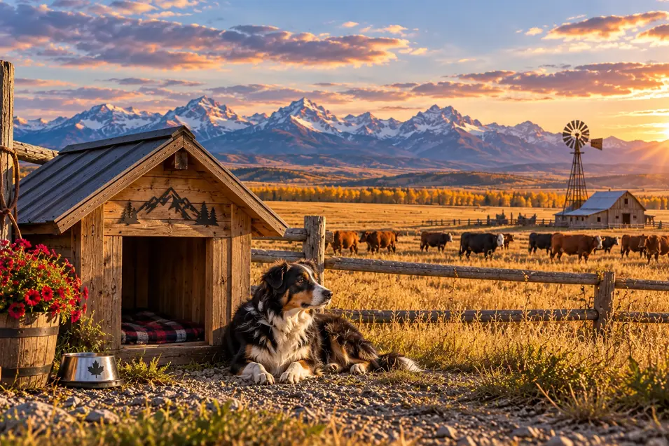 A dog relaxes beside a rustic wooden dog house on a Canadian ranch, with grazing cattle, a windmill and snow-capped mountains at sunset.