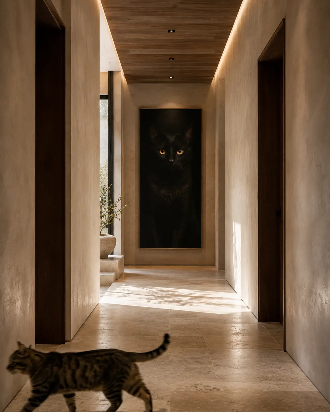A black cat portrait glows at the end of a serene stone hallway, while a real tabby casually crosses the foreground.