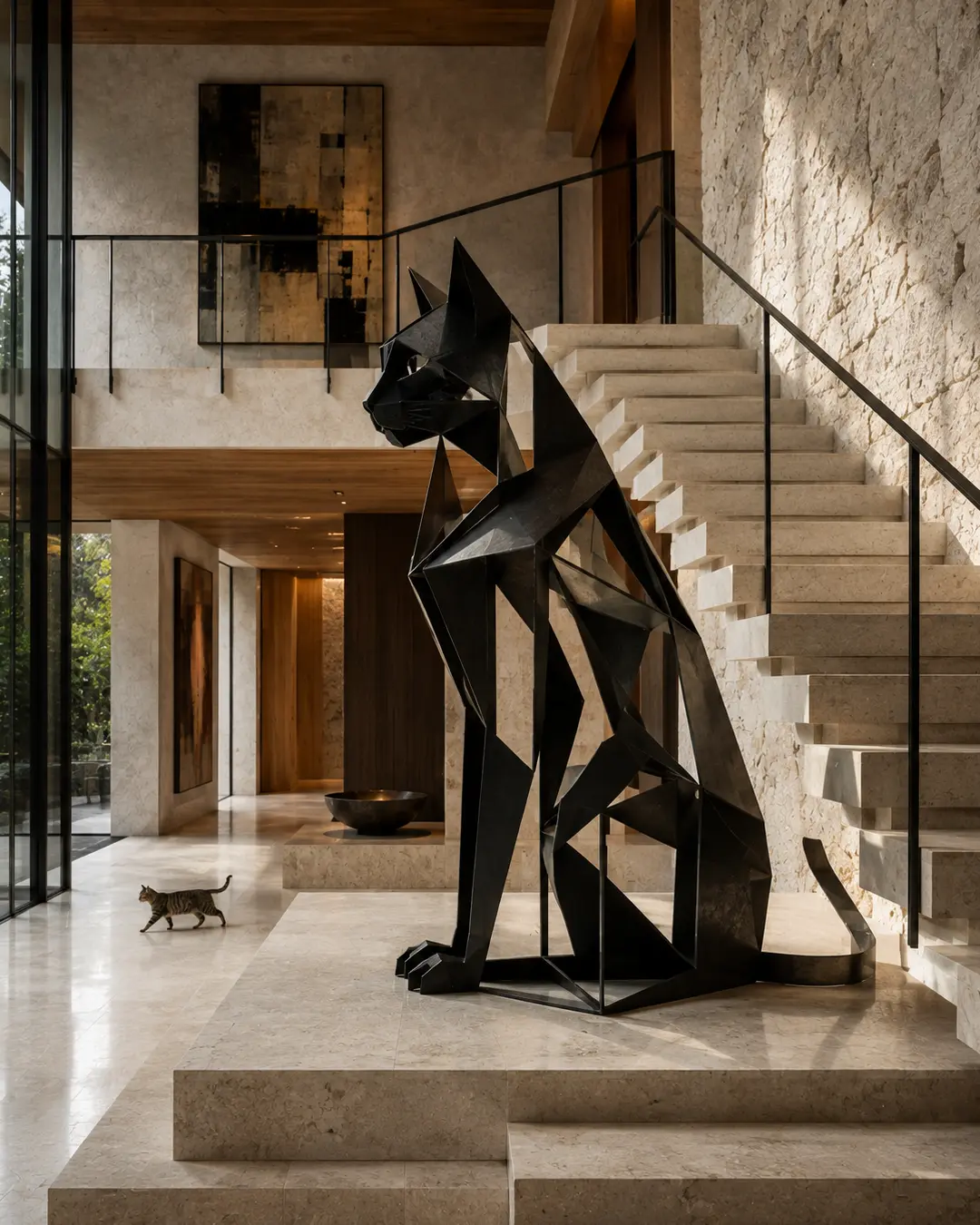 A monumental black steel cat sculpture rises beside a limestone staircase, its angular form contrasting with a tiny real cat wandering through the space.