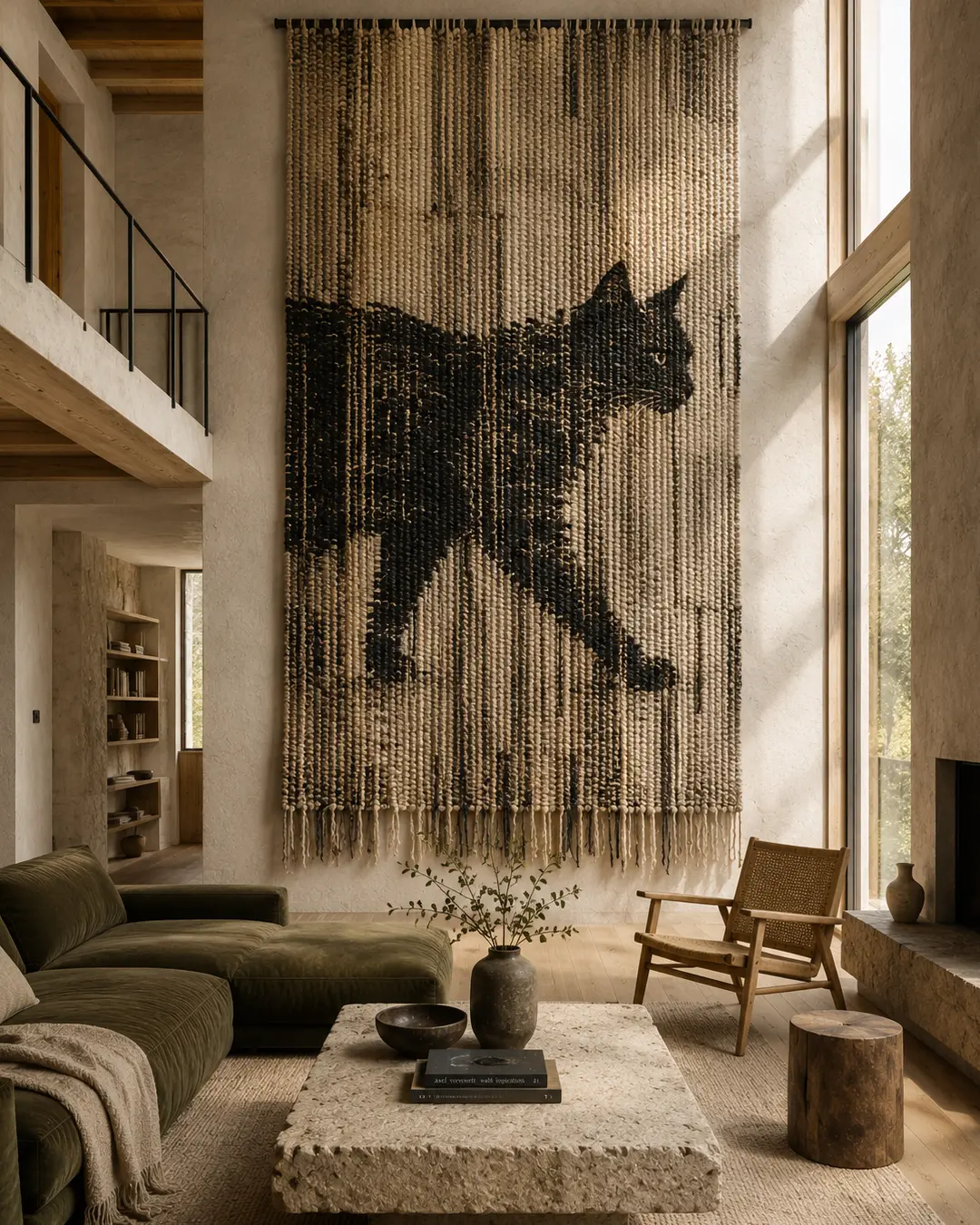 A monumental woven cat tapestry brings texture and drama to a serene, sunlit living room filled with natural stone, timber and sculptural furniture.