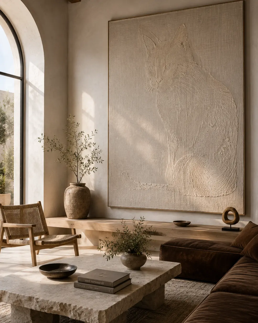 A subtle raised-relief cat artwork blends into a serene neutral living room, surrounded by pale stone, natural wood and rich brown upholstery.