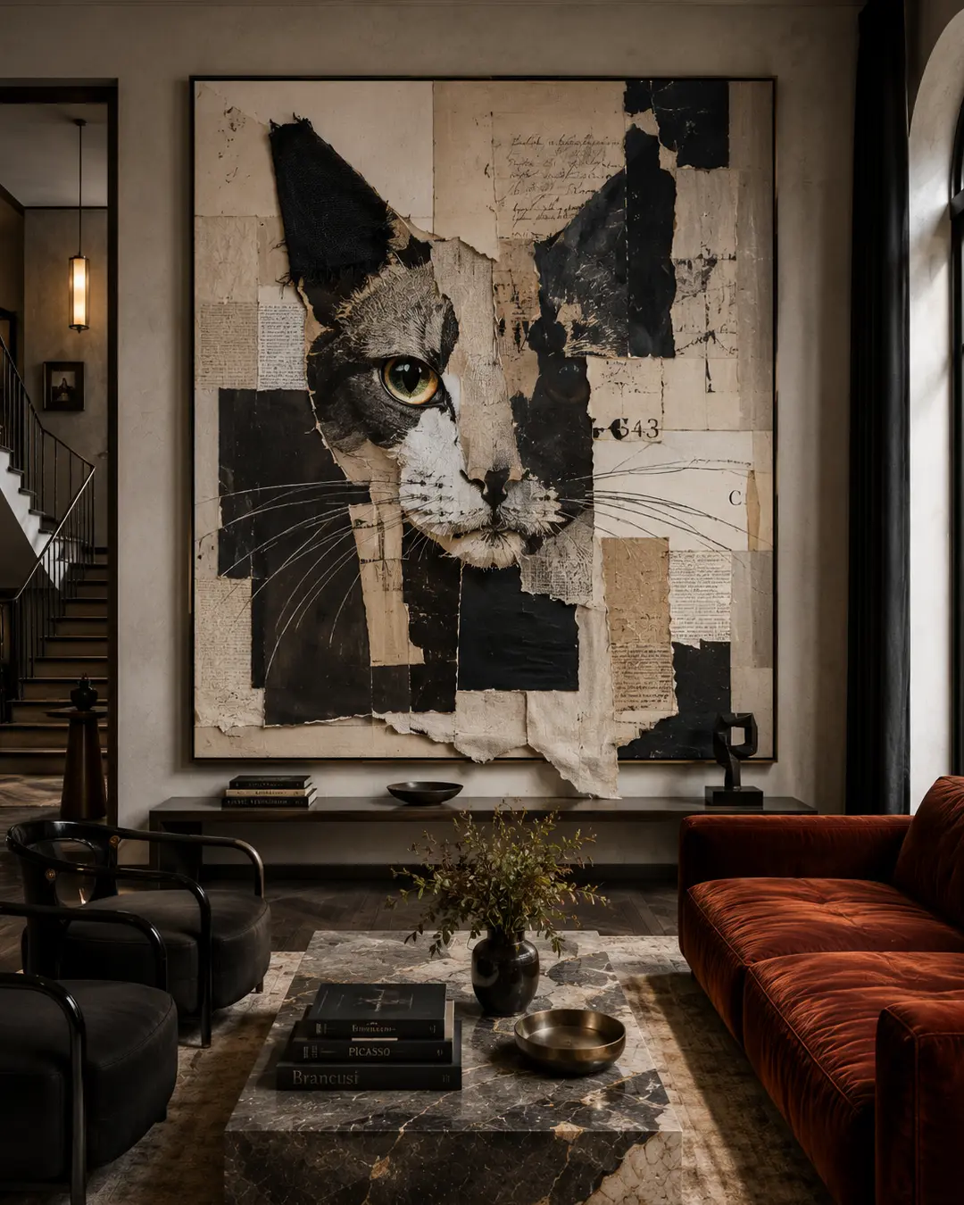 A monumental mixed-media cat collage dominates an elegant living room, pairing torn paper textures with black accents and a rich rust velvet sofa.