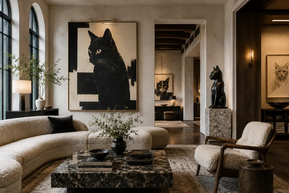 A sophisticated living room becomes a gallery of cat art, pairing bold portraits and sculpture with cream boucle, dark marble and warm wood.