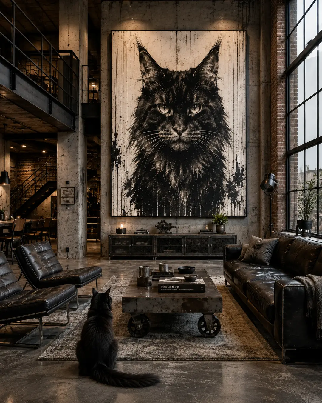 A dramatic black Maine Coon portrait dominates an industrial loft, while a real black cat sits below admiring its larger-than-life likeness.
