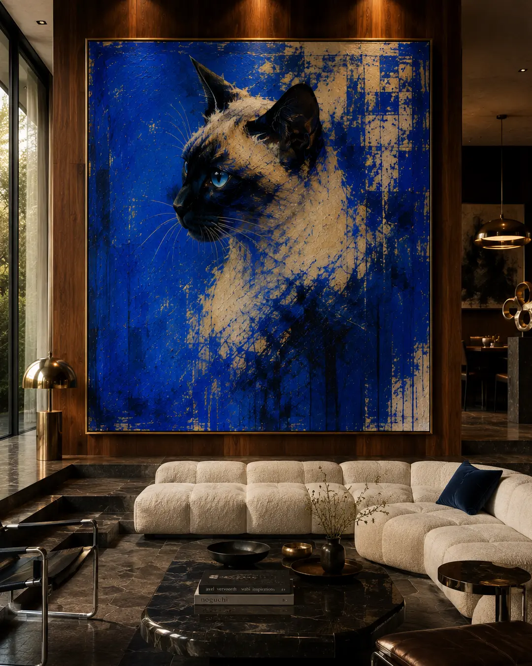 A vivid cobalt-blue Siamese cat portrait commands a luxurious walnut-clad living room with sculptural seating, dark marble and warm brass accents.