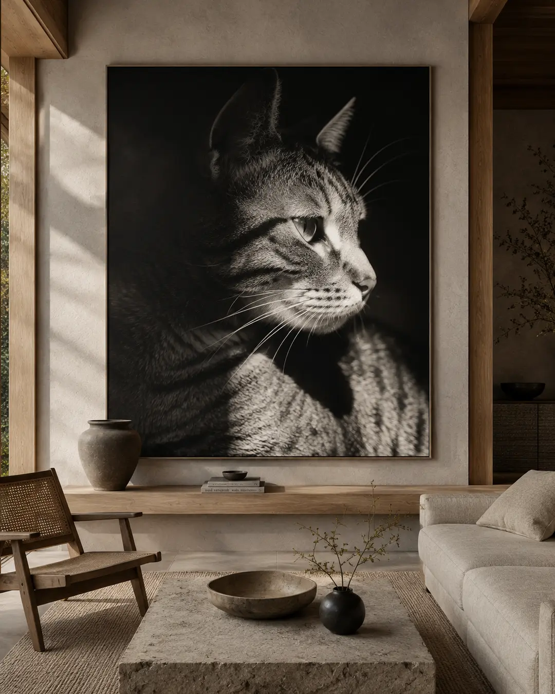 A striking black-and-white cat photograph anchors a serene Japandi living room layered with pale wood, natural stone and beautifully restrained furniture.