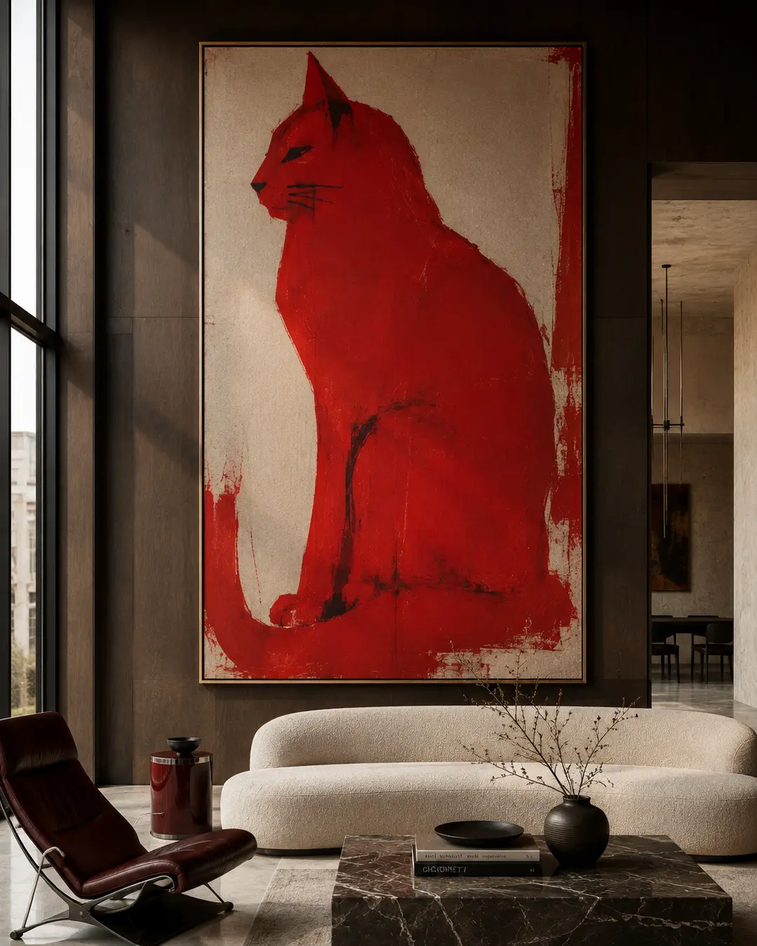 A bold red cat painting commands a sophisticated modern living room, dramatically contrasted by dark wood, cream seating and rich marble.