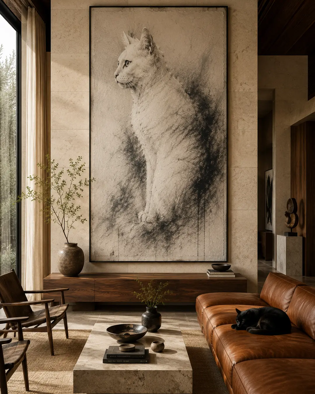 A monumental charcoal cat portrait anchors a warm limestone living room, paired with rich walnut, cognac leather and a quietly lounging black cat.