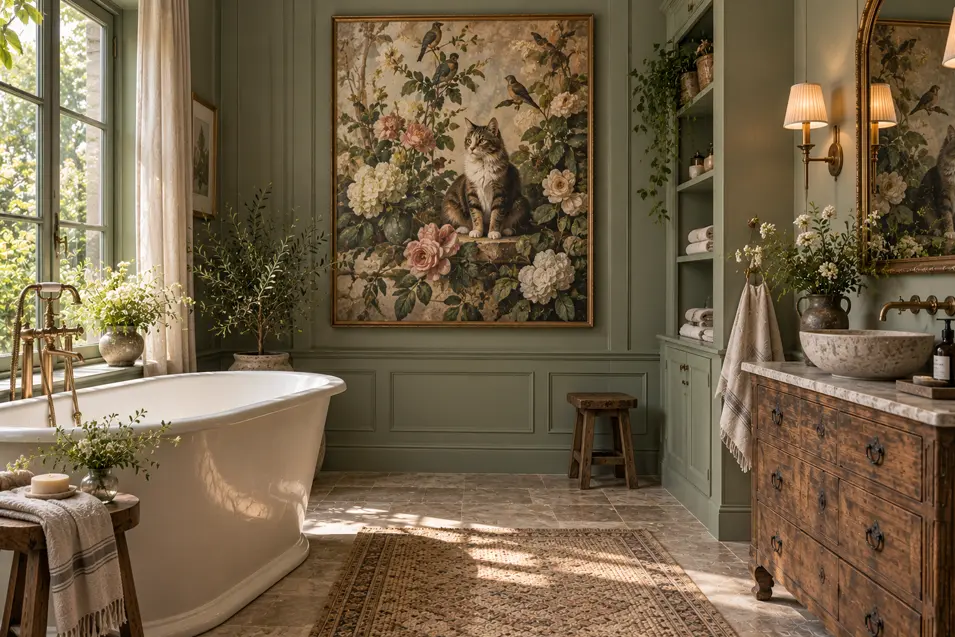 Elegant sage-green bathroom with a freestanding tub and a romantic oversized portrait of a tabby cat surrounded by flowers and birds.