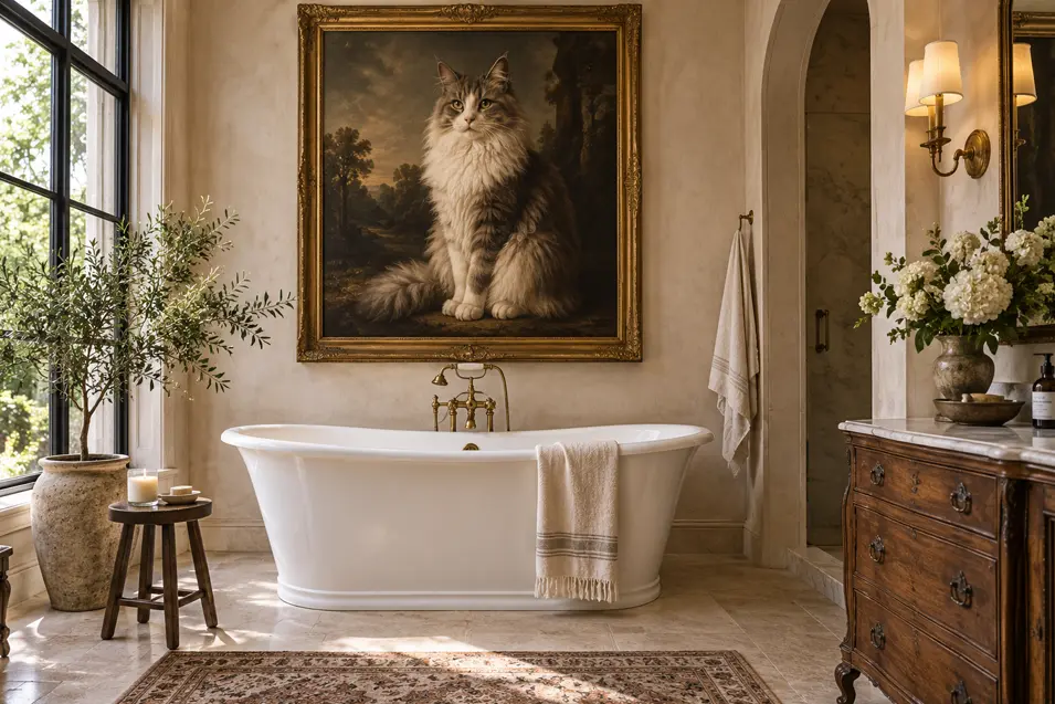 Elegant traditional bathroom with a freestanding tub beneath a grand, classical-style portrait of a long-haired cat in an ornate gold frame.