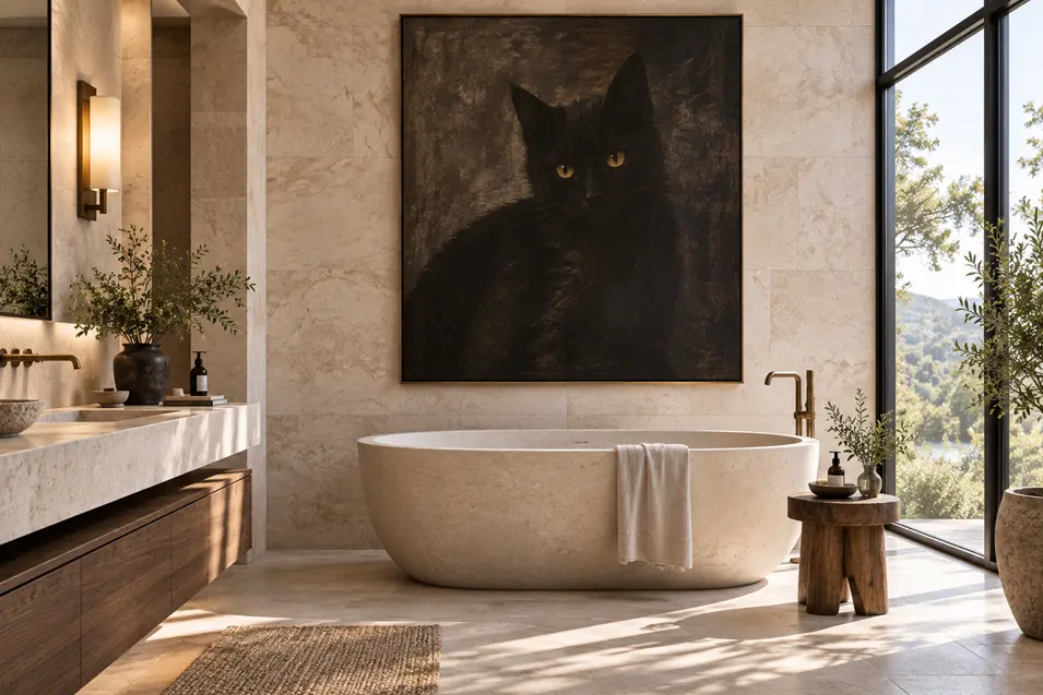 Serene modern bathroom with a sculptural stone tub and a dramatic oversized portrait of a black cat against warm natural stone walls.