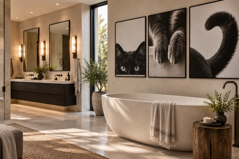 Contemporary bathroom with a sculptural tub and a witty black-and-white cat triptych featuring watchful eyes, dangling paws and a curved tail.