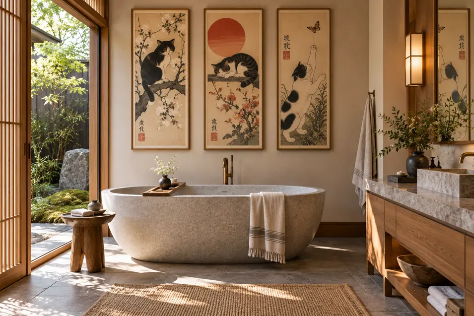 Serene Japanese-inspired bathroom with a stone soaking tub and a trio of vintage-style cat prints featuring blossoms, a red sun and butterfly.
