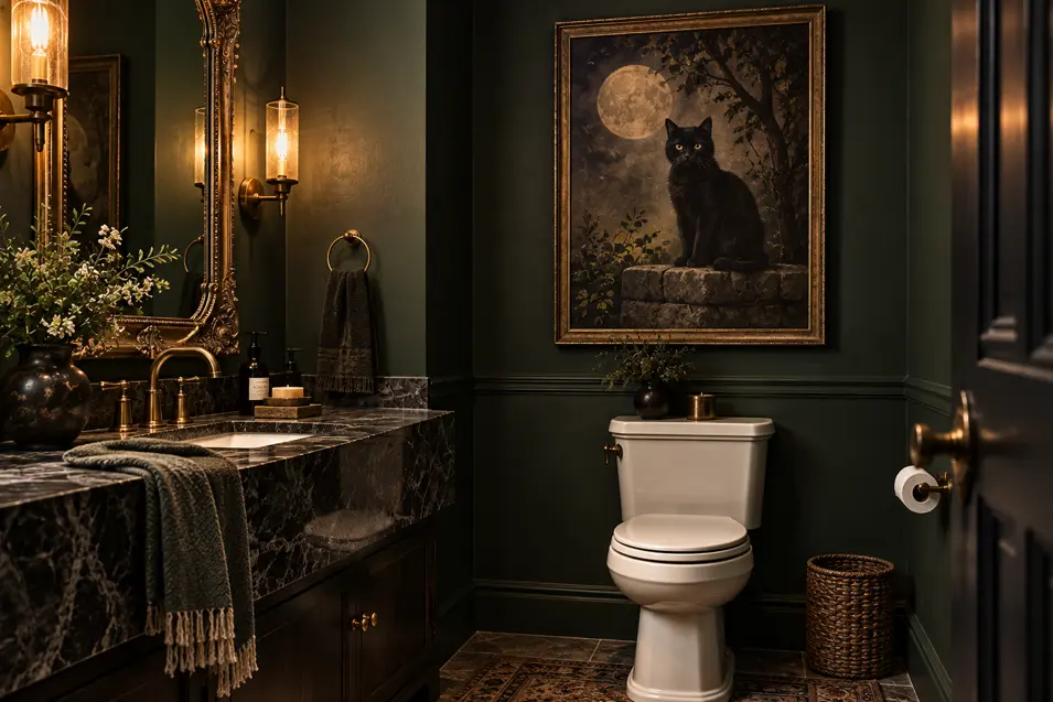 Moody powder room with deep green walls, black marble and an atmospheric portrait of a black cat sitting beneath a glowing full moon.