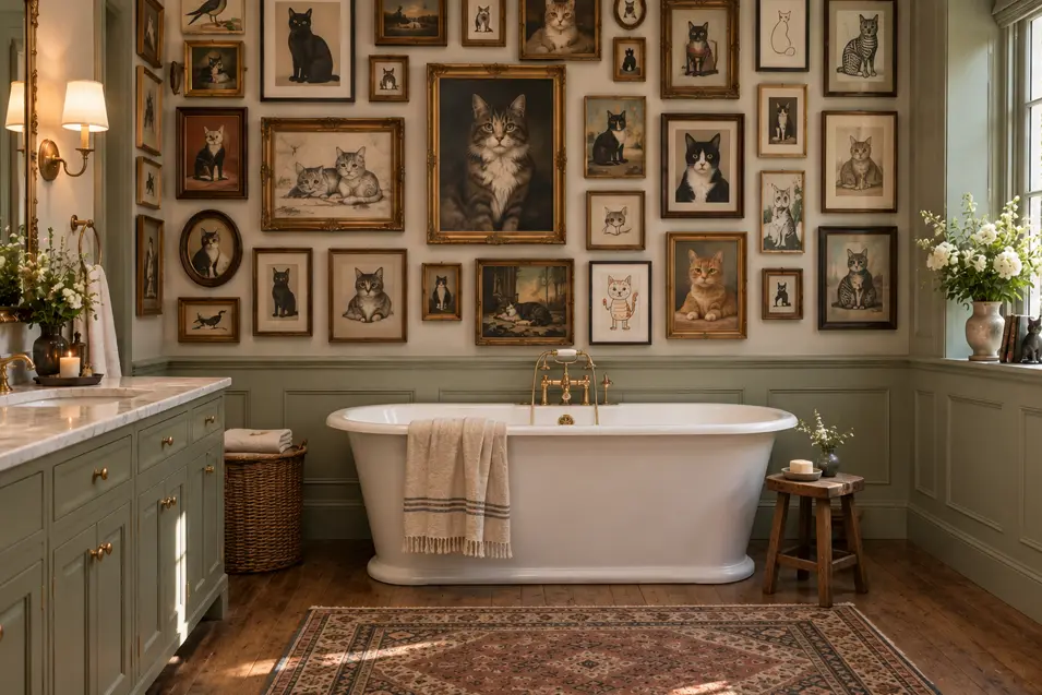Charming traditional bathroom with a freestanding tub beneath an eclectic gallery wall filled entirely with framed cat portraits and illustrations.