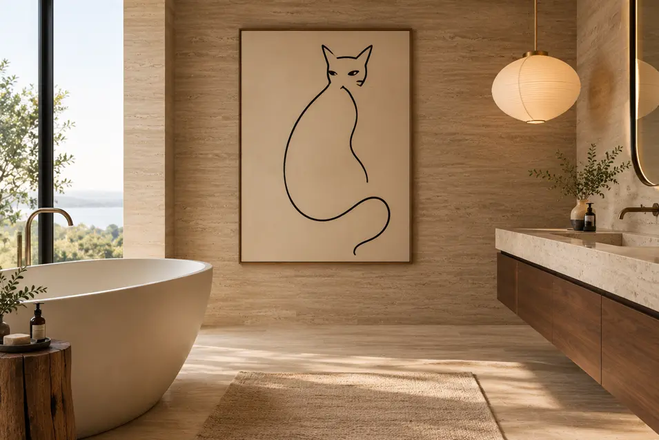 Minimalist luxury bathroom with warm travertine walls, a sculptural tub and an elegant single-line drawing of a seated cat.