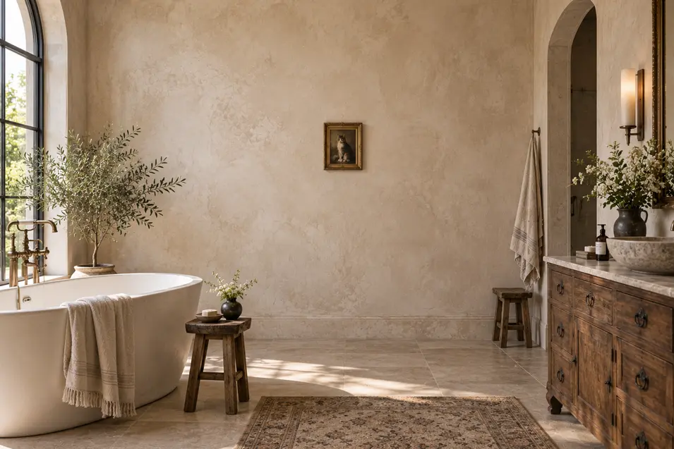 Elegant, sunlit bathroom with a freestanding tub, rustic wood vanity and a tiny framed cat portrait centered on an expansive plaster wall.