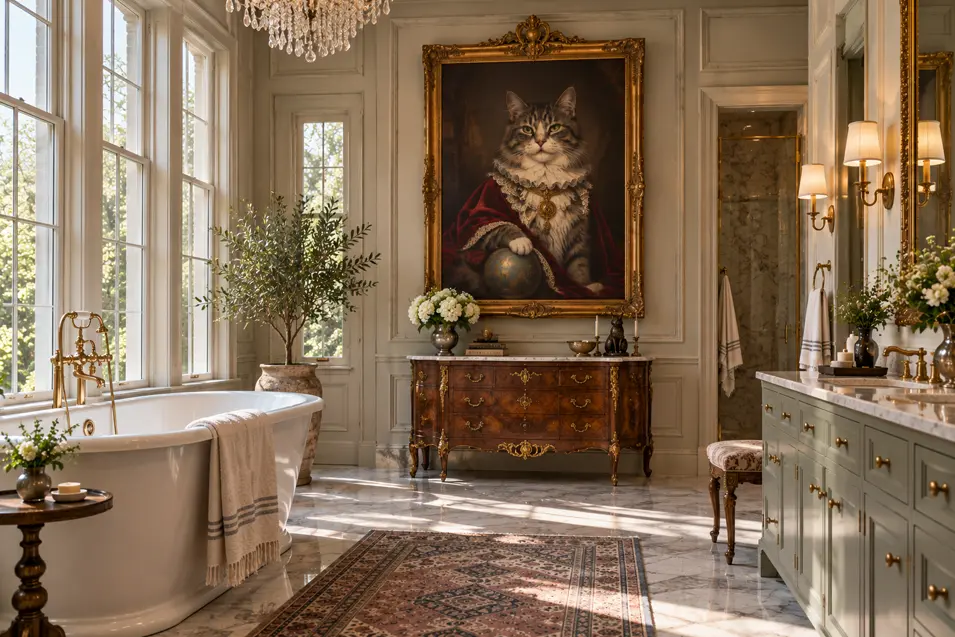 Grand traditional bathroom with marble floors, a crystal chandelier and an enormous regal portrait of a tabby cat dressed in aristocratic finery.