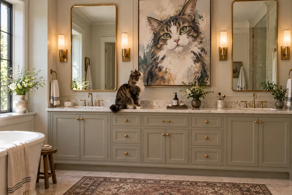 Elegant bathroom with a double vanity, warm brass accents and a real tabby cat sitting beneath a large expressive portrait of itself.