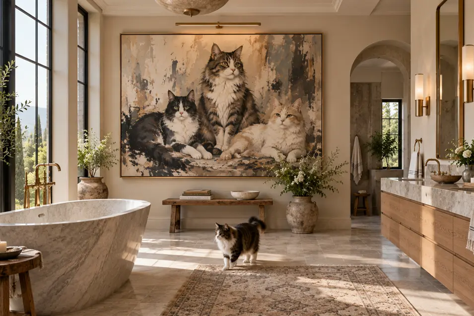 Luxurious contemporary bathroom with a sculptural marble tub, oversized painting of three cats and a real tabby strolling across the room.