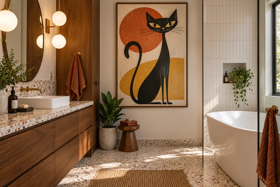 Warm mid-century bathroom with walnut cabinetry and a bold retro black cat print set against graphic rust and ochre shapes.