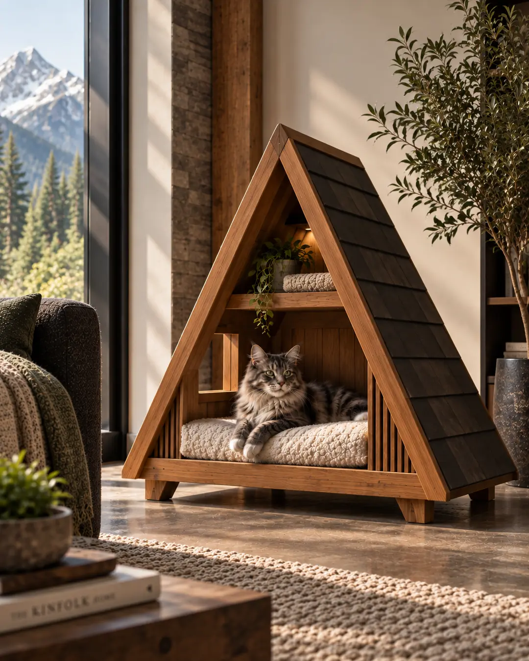 A cat relaxes inside an A-frame wooden cat house with a cozy bed, built-in shelf and striking modern chalet-inspired design.