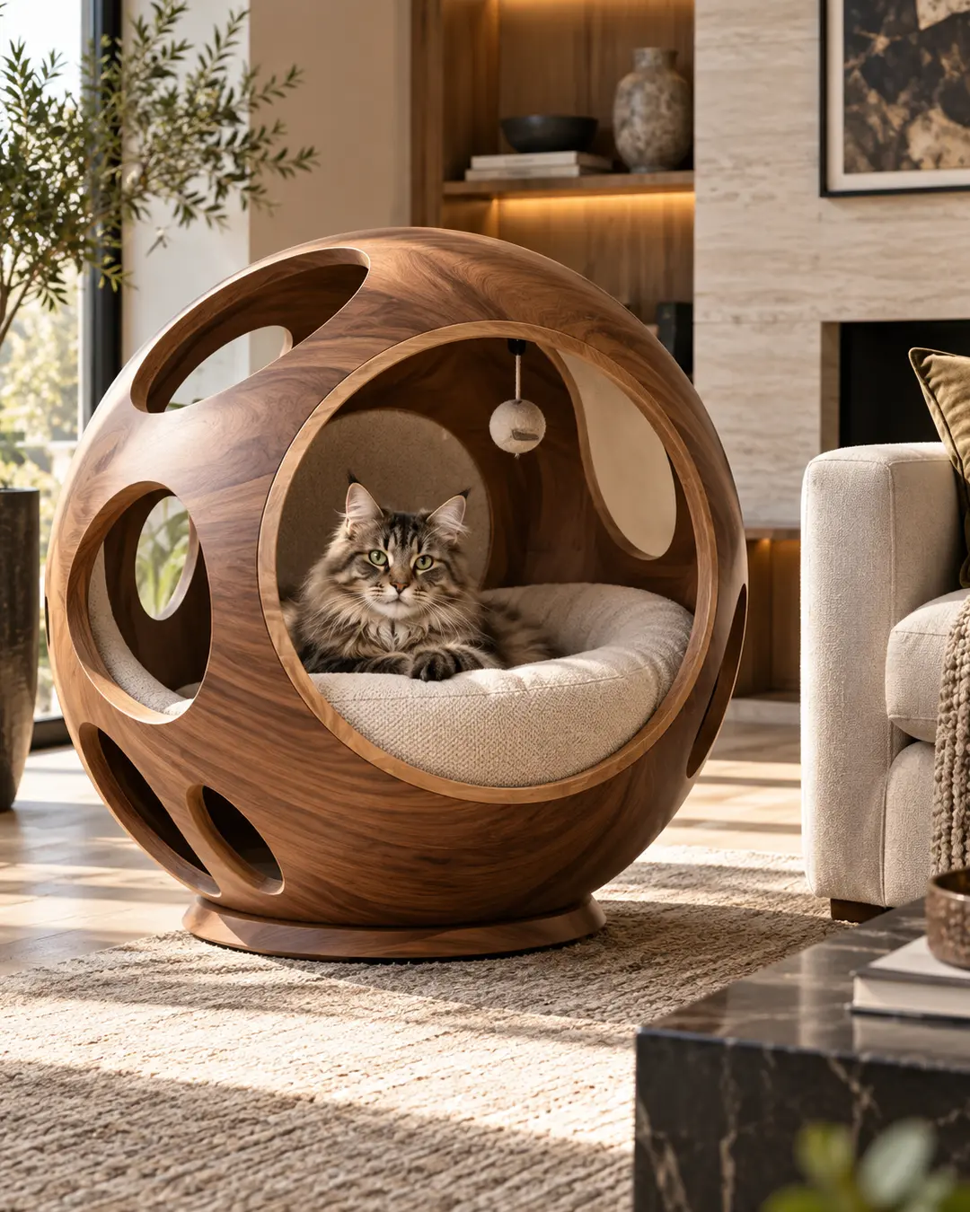 A Maine Coon relaxes inside a sculptural walnut cat house, blending luxury pet furniture with sophisticated modern design.