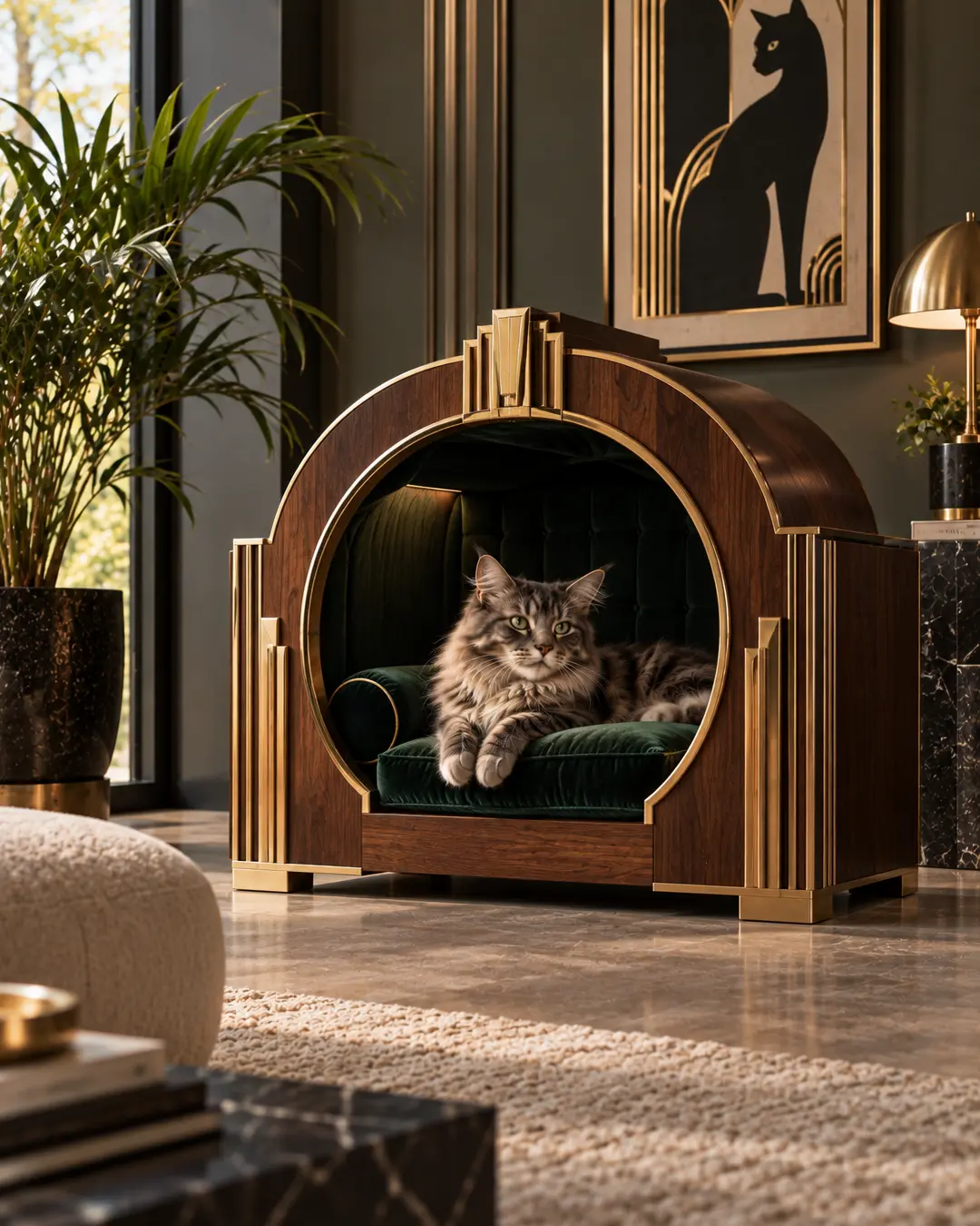 A cat lounges in a luxurious Art Deco-inspired cat house with rich walnut, brass detailing and plush green velvet upholstery.