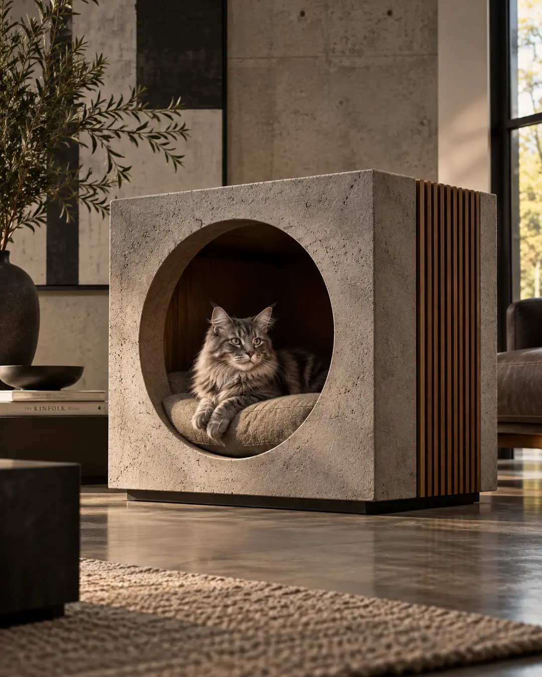 A cat lounges inside a minimalist concrete-and-walnut cube cat house with a dramatic circular entrance and cozy cushioned interior.