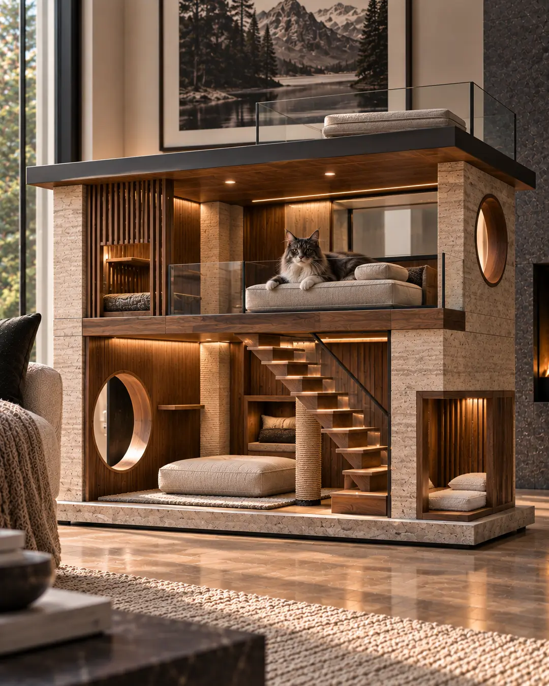 A cat enjoys an extravagant two-storey luxury cat mansion with stairs, multiple lounges, warm lighting and a rooftop terrace.