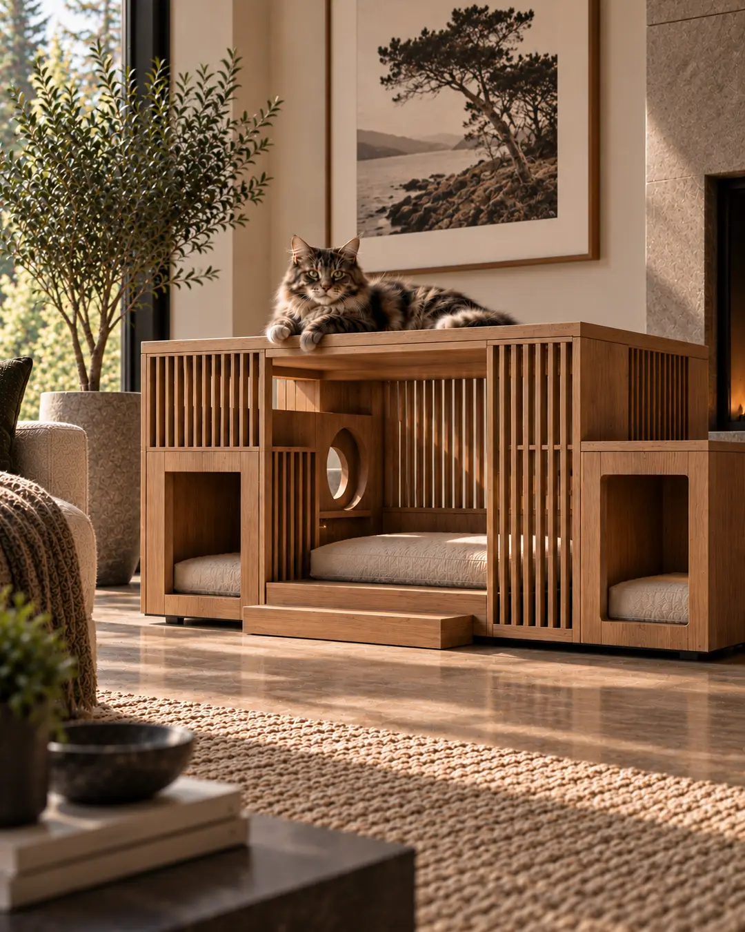 A cat lounges atop a spacious architectural wooden cat house with multiple cozy sleeping areas, open slats and a central retreat.