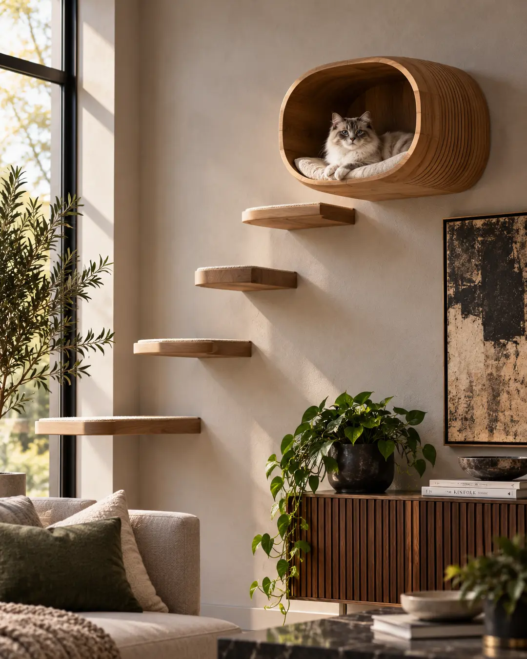 A cat relaxes in a wall-mounted wooden pod reached by floating steps, creating a stylish vertical retreat in a modern living room.