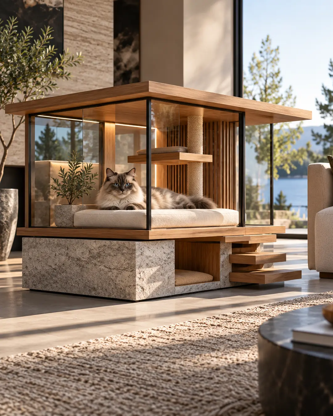 A Ragdoll lounges inside a striking glass-and-walnut cat house designed like a miniature modern home with climbing platforms.