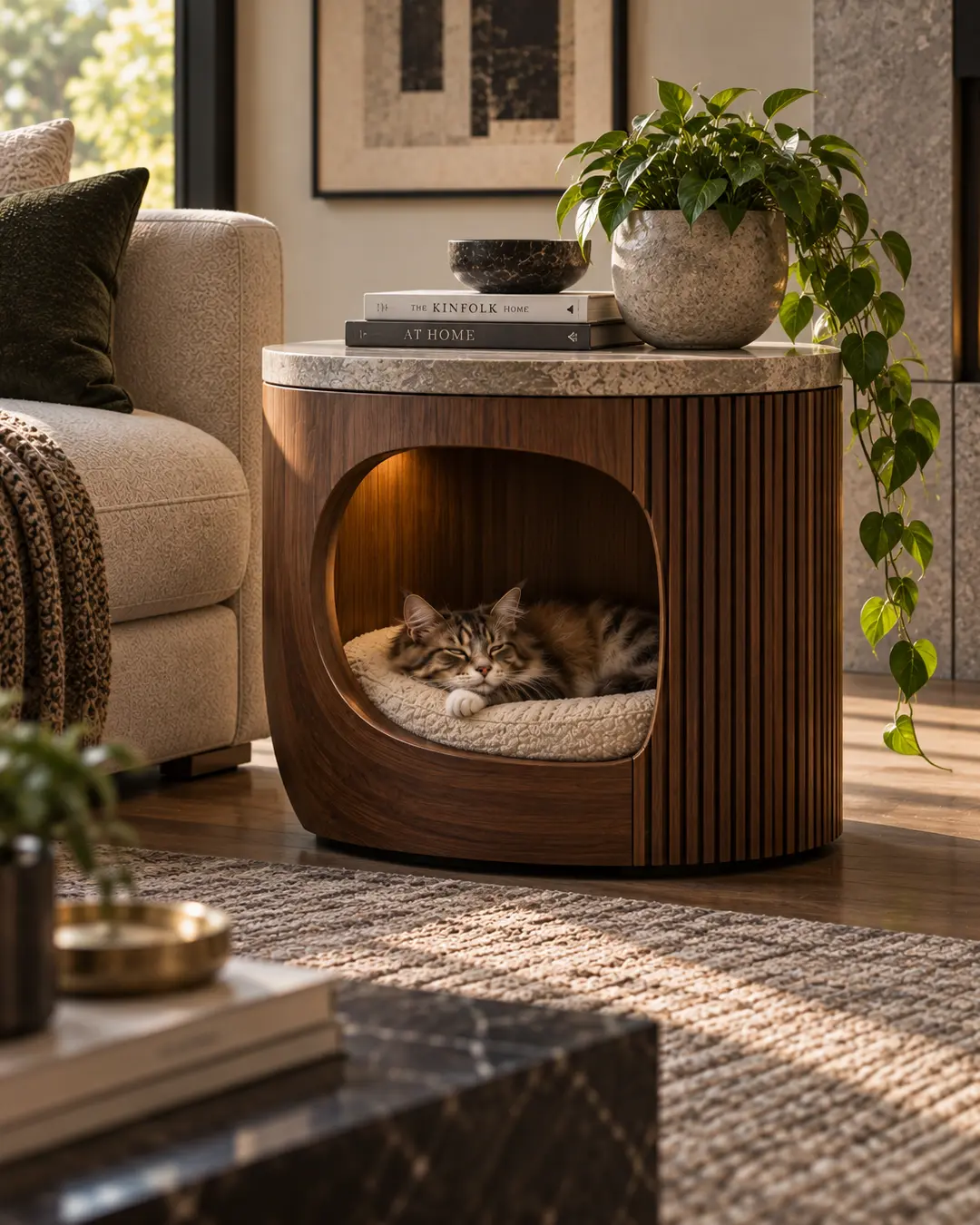 A cat sleeps inside a stylish walnut side table with a built-in cushioned retreat, combining practical furniture with a cozy cat hideaway.