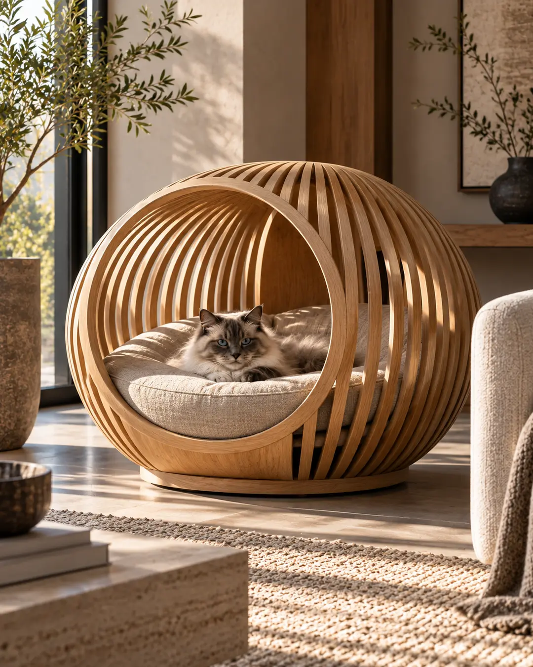 A cat relaxes inside a sculptural slatted-wood pod, combining a cozy cushioned retreat with beautiful contemporary furniture design.